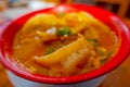 Close up of steamed soup of Momo served in a red bowl. A popular Nepalese food that is also common in Chiana, Bhutan