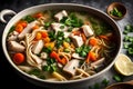 A close-up of a steaming bowl of fragrant and rich chicken noodle soup,