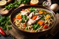 A close-up of a steaming bowl of fragrant and rich chicken noodle soup,