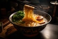 close-up of steaming bowl of ramen, with swirls of broth and noodles Royalty Free Stock Photo