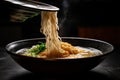 close-up of steaming bowl of ramen, with swirls of broth and noodles Royalty Free Stock Photo