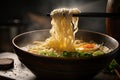 close-up of steaming bowl of ramen, with swirls of broth and noodles Royalty Free Stock Photo