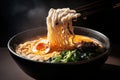 close-up of steaming bowl of rich and flavourful ramen, with swirls of creamy broth Royalty Free Stock Photo