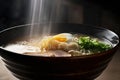 close-up of steaming bowl of tonkotsu ramen with slow, lazy steam rising