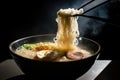 close-up of steaming bowl of tonkotsu ramen with slow, lazy steam rising
