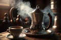 close-up of steaming cup of coffee, with geyser maker and filter in the background