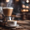 A close-up of a steaming cup of freshly brewed coffee with latte art2 Royalty Free Stock Photo