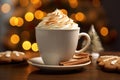 A close-up of a steaming gingerbread latte in a festive holiday mug, highlighting warm and comforting beverages. Generative Ai