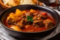 Close-up of a steaming hot bowl of Hungarian goulash with chunks of tender beef and soft potato cubes