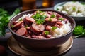 Close-up of a steaming hot bowl of red beans and rice with juicy and tender pieces of smoked sausage on top Royalty Free Stock Photo