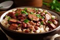 Close-up of a steaming hot bowl of red beans and rice with juicy and tender pieces of smoked sausage on top Royalty Free Stock Photo