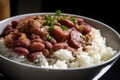 Close-up of steaming hot red beans and rice with smoked ham hock and a sprinkle of Cajun seasoning