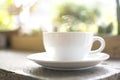 A steaming white cup of hot cappuccino with bokeh tree background