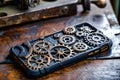 A close-up of a steampunk smartphone case adorned with intricate gears, resting on a rustic oak table in a workshop setting