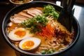 close-up of steamy bowl of ramen, with thick broth and plentiful toppings
