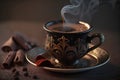 close-up of steamy cup of turkish coffee with sprinkle of cinnamon