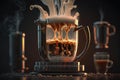 close-up of the steamy, hot coffee pouring from a geyser coffee maker