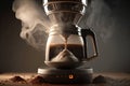 close-up of the steamy, hot coffee pouring from a geyser coffee maker