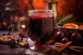 close-up of steamy mulled wine in a glass mug
