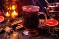 close-up of steamy mulled wine in a glass mug