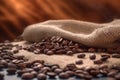 close-up of steamy roasted coffee beans on burlap