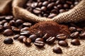 close-up of steamy roasted coffee beans on burlap