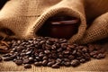 close-up of steamy roasted coffee beans on burlap