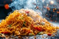 Close up of Steamy Stir fried Noodles with Vegetables and Chili on a Hot Pan with Fiery Sparks in the Background