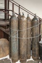 Close-up of steel cylinders with compressed gas - argon, carbon dioxide or oxygen for welding, outdoor, vertical