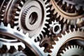 close-up of steel gears meshing together