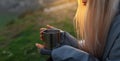 Close-up of steel mug with hot drink in hands of young blonde girl at susnet.