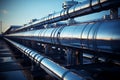 Close up steel pipes natural gas concrete supports supplying propane factory tanks valves. Production energy resources Royalty Free Stock Photo