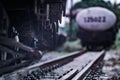 Close up Steel railroad fasteners.Iron nuts fastened to railway tracks.Rusty old iron freight train In the train station, Thai