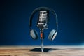 Close up of steel vintage singing vocal microphone on wooden surface and blue background.