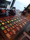 Close up on steering controls and control panels in wheelhouse i Royalty Free Stock Photo