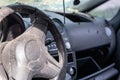 Close-up of the steering wheel of a car after an accident. The driver\'s airbags did