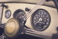 Close up on steering wheel, Classic car interior Royalty Free Stock Photo