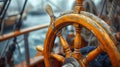 A close up of a steering wheel on the deck of an old ship, AI Royalty Free Stock Photo