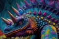 close-up of the stegosaurus' vibrant and colorful skin