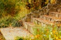 Close-up steps of stairs up from antique stone in autumn season. The symbol of upsurge and success. Recreation. Parks. Autumn