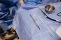 Close-up of sterilized and ready for use surgical instruments on medical tray during surgery operation in operating room Royalty Free Stock Photo