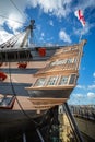 Close up of stern of HMS Victory, Lord nelson`s flagship, on display at Portsmouth Dockyard, Hampshire, UK Royalty Free Stock Photo