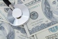 Close-up of a stethoscope on dollar bills Royalty Free Stock Photo