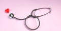 Close up Stethoscope and red heart on pale pink isolated background with copy space for text. Close up, top view. Medical equipme