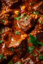 A close up of a stew with meat and vegetables. Generative AI image.