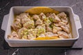 Close up stewed white meat of turkey in a creamy sauce with herbs and seasonings in a ceramic bowl