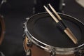 Close Up Of Sticks Resting On Snare Drum