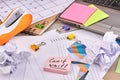 Close-up sticky notes with cant wait handwriting and office stuff. Royalty Free Stock Photo
