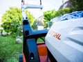 Close-up of Stihl logotype on a new lawn mower