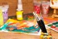 Close up still life brushes art supplies paints for painting and drawing Royalty Free Stock Photo